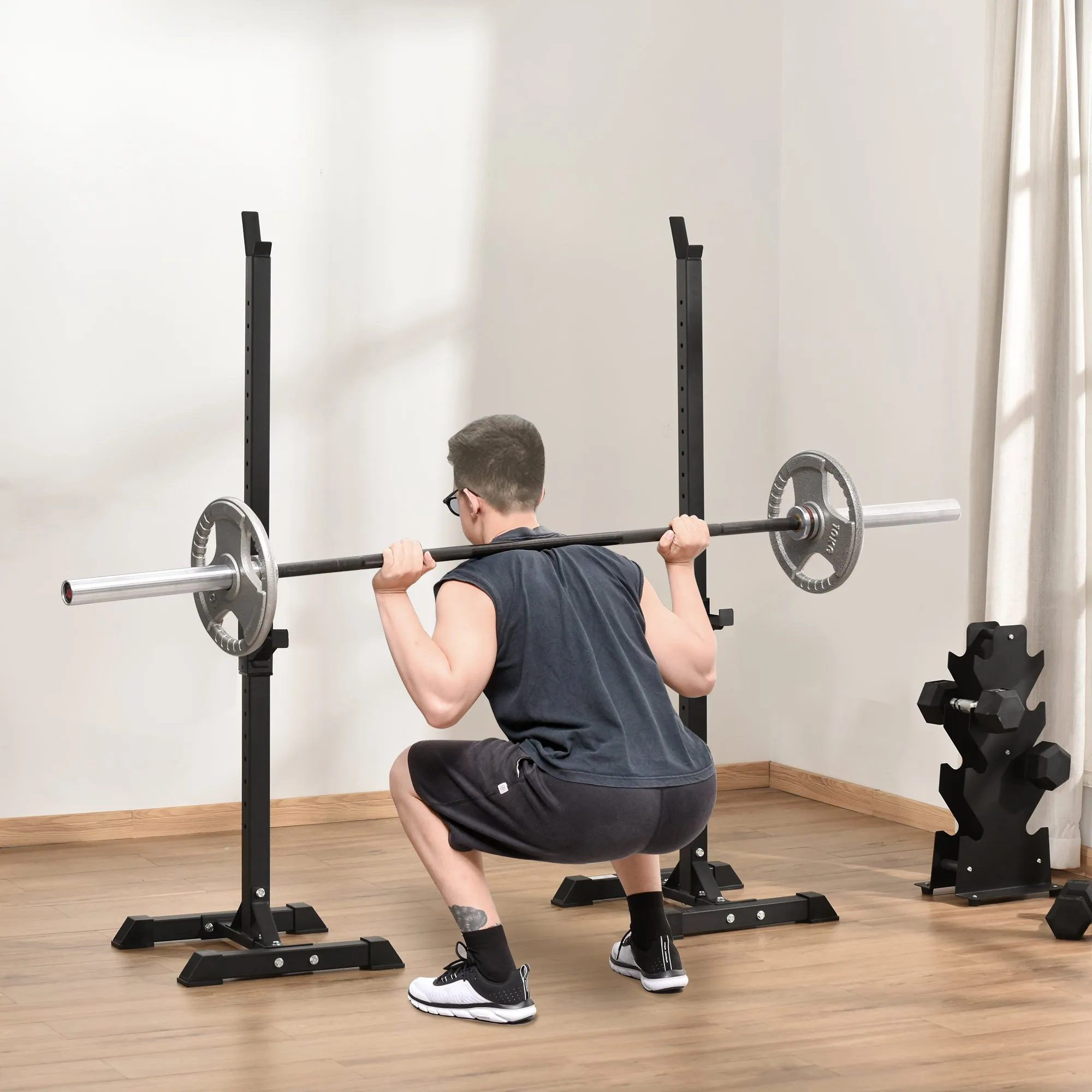 Adjustable Squat Rack, Weight Strength Training Bench Press Rack Barbell Rack Power Rack Weight Bench Supporter for Home Gym Exercise, Max Load 150kg, 124-154cm