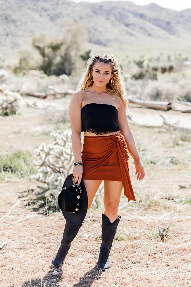All Tied Down Rust Ruched Shimmer Skirt FINAL SALE