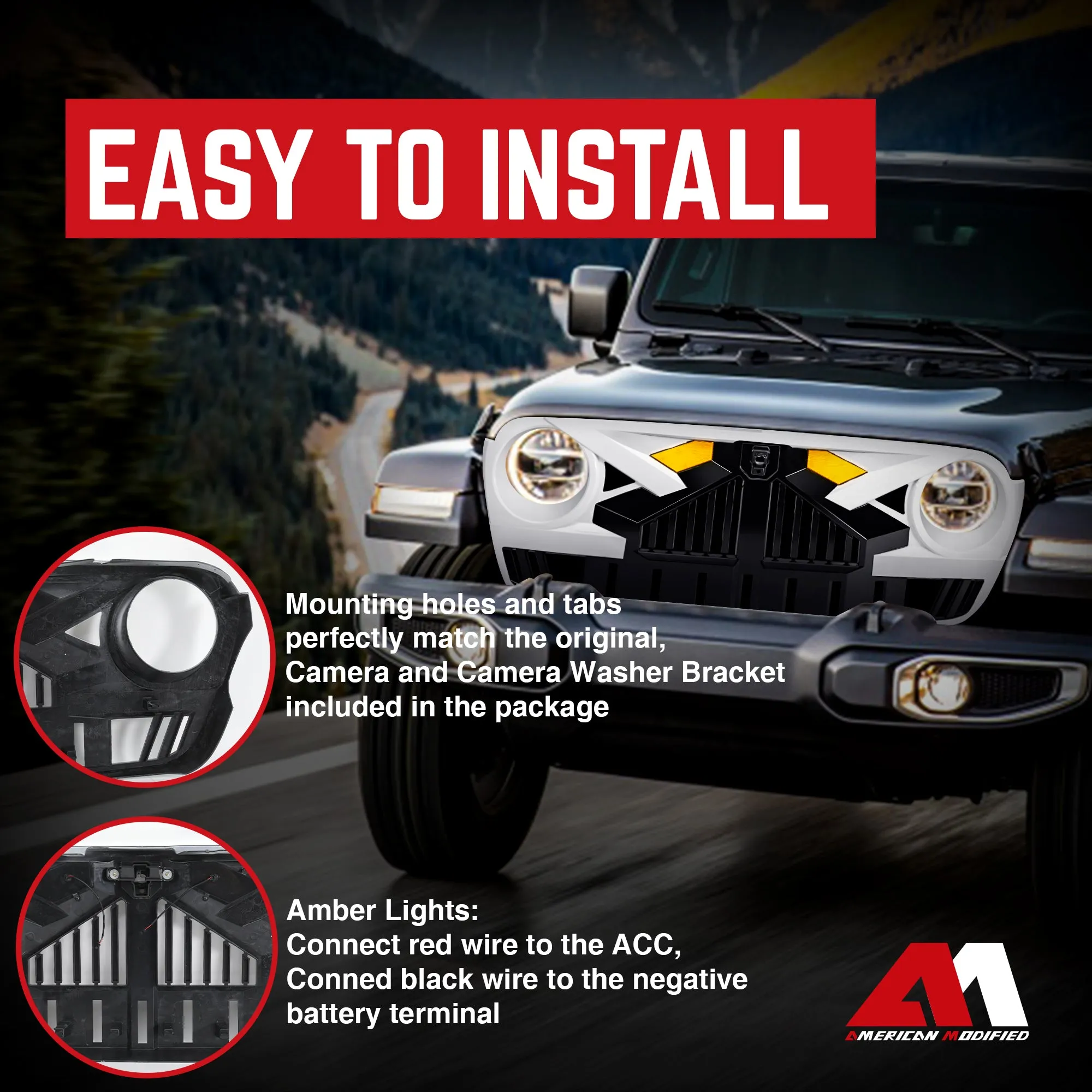 AMERICAN MODIFIED Grille for 2018  Jeep Wrangler JL, 2020  Gladiator JT w/Camera