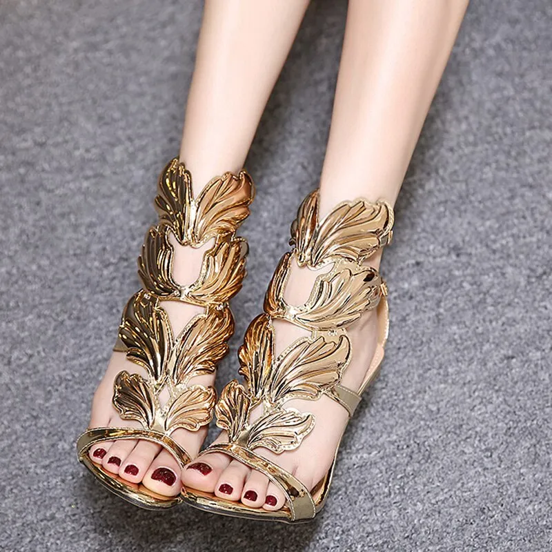 Amozae-Luxury Women 11cm High Heels Fetish Leather Sandals   Gold Metal Wing Summer Shoes Lady Stiletto Party Valentine Sandles