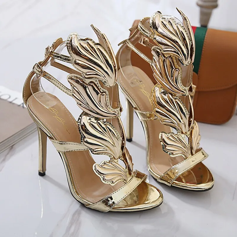 Amozae-Luxury Women 11cm High Heels Fetish Leather Sandals   Gold Metal Wing Summer Shoes Lady Stiletto Party Valentine Sandles