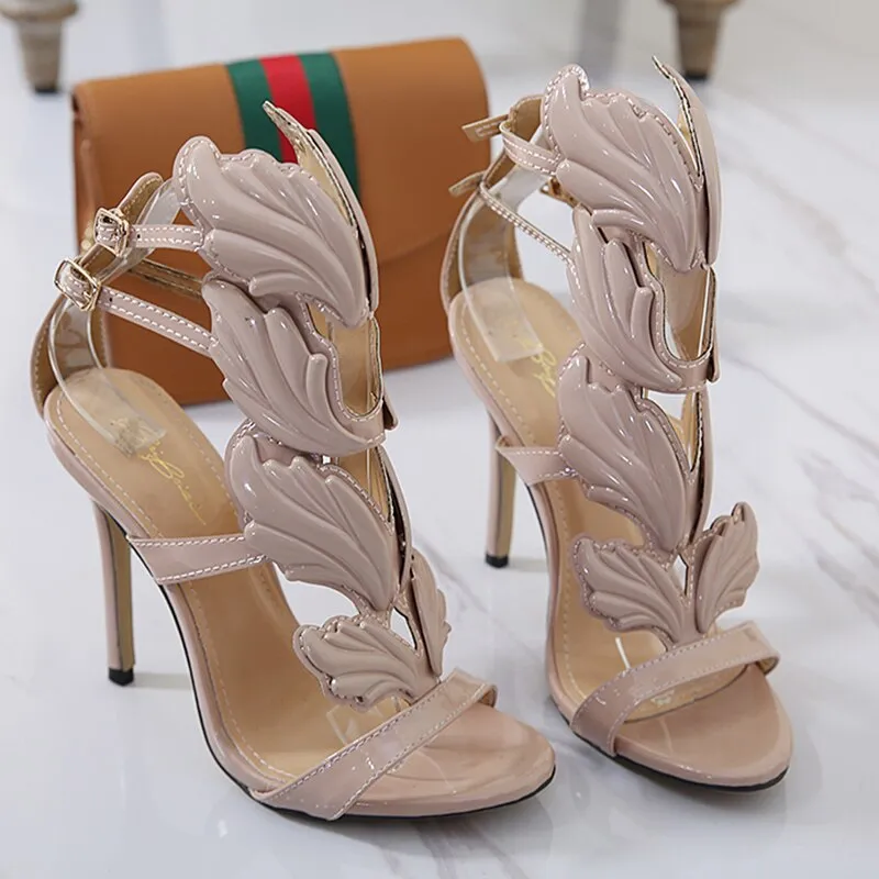 Amozae-Luxury Women 11cm High Heels Fetish Leather Sandals   Gold Metal Wing Summer Shoes Lady Stiletto Party Valentine Sandles