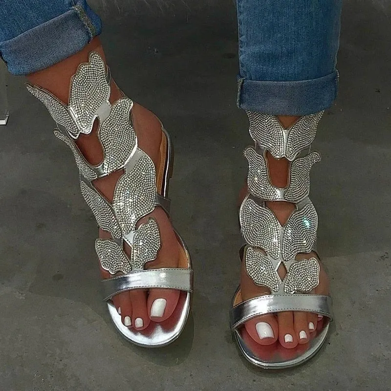 Amozae  Summer Gladiator Women Sandals Platform Flat Peep Toe Crystal Wings 2024 Fashion Rome Party Female Ladies Shoes Zapatos De Mujer