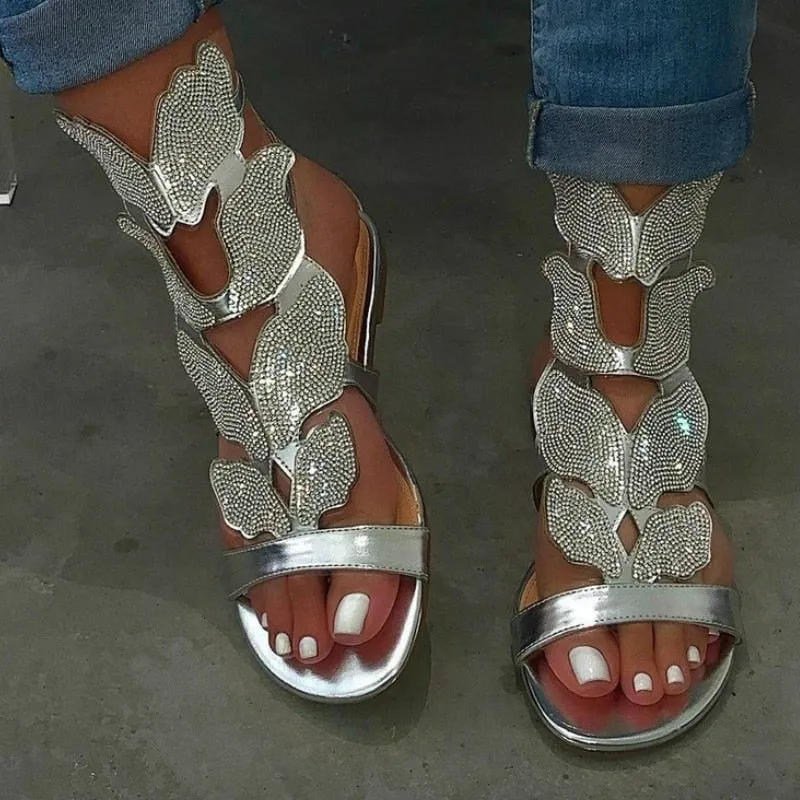 Amozae  Summer Gladiator Women Sandals Platform Flat Peep Toe Crystal Wings 2024 Fashion Rome Party Female Ladies Shoes Zapatos De Mujer