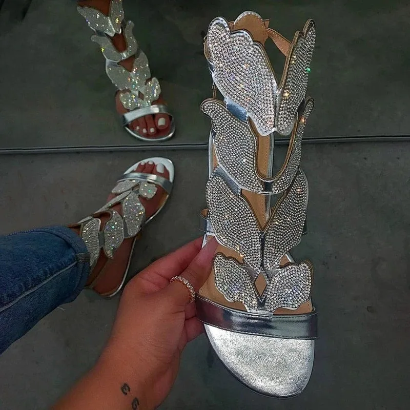 Amozae  Summer Gladiator Women Sandals Platform Flat Peep Toe Crystal Wings 2024 Fashion Rome Party Female Ladies Shoes Zapatos De Mujer