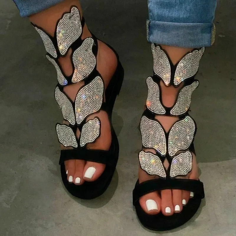 Amozae  Summer Gladiator Women Sandals Platform Flat Peep Toe Crystal Wings 2024 Fashion Rome Party Female Ladies Shoes Zapatos De Mujer