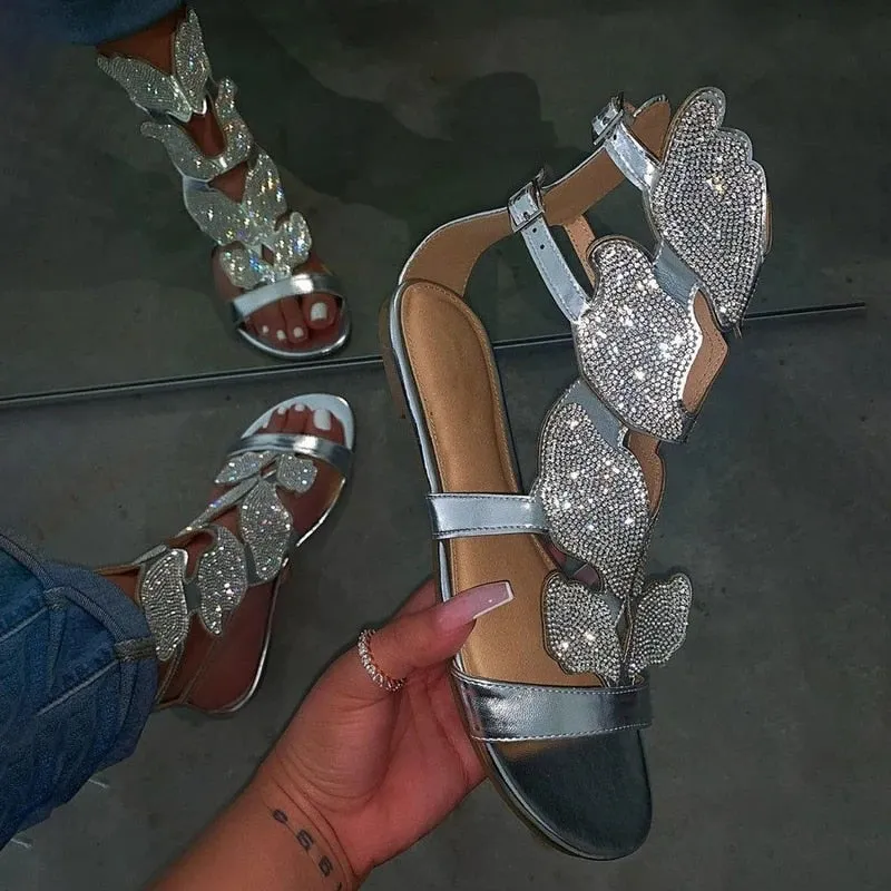 Amozae  Summer Gladiator Women Sandals Platform Flat Peep Toe Crystal Wings 2024 Fashion Rome Party Female Ladies Shoes Zapatos De Mujer