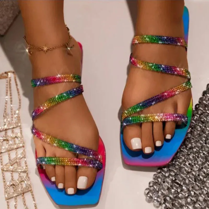 AMOZAE-- Summer Sandals with Rhinestone Explosion, Stunning Flat