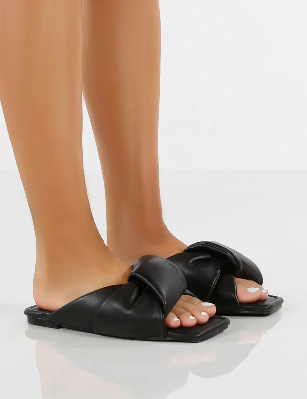 Apricot Black PU Twisted Padded Strap Flat Sandals