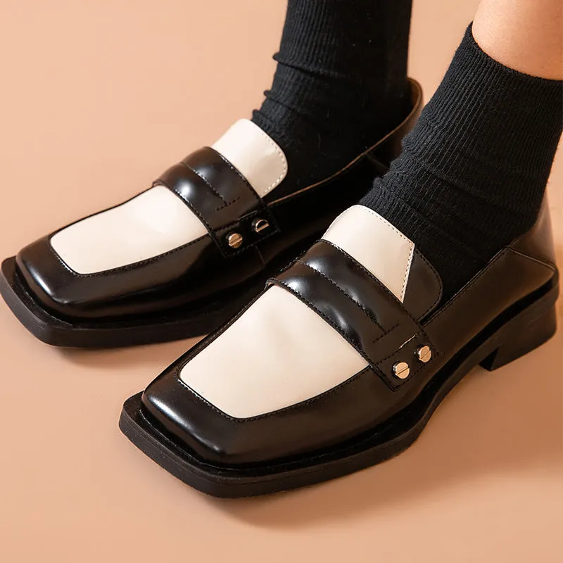 BeauToday Cow Leather Classic Patchwork Penny Loafers with Square Toe