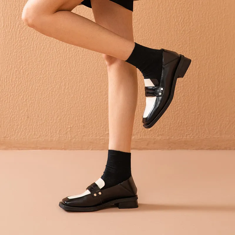 BeauToday Cow Leather Classic Patchwork Penny Loafers with Square Toe