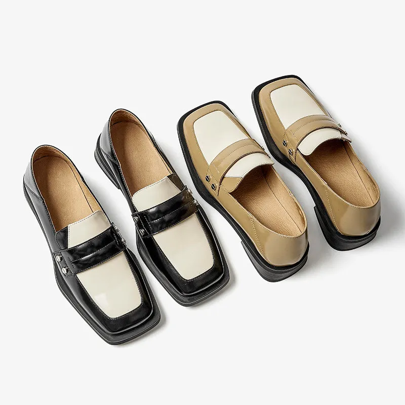 BeauToday Cow Leather Classic Patchwork Penny Loafers with Square Toe