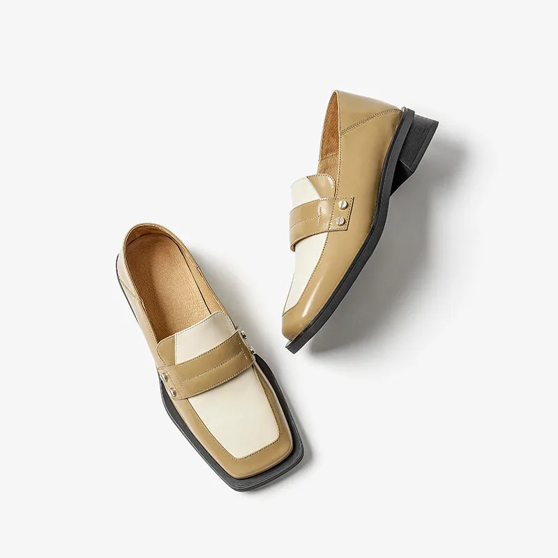 BeauToday Cow Leather Classic Patchwork Penny Loafers with Square Toe