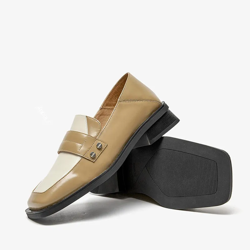 BeauToday Cow Leather Classic Patchwork Penny Loafers with Square Toe