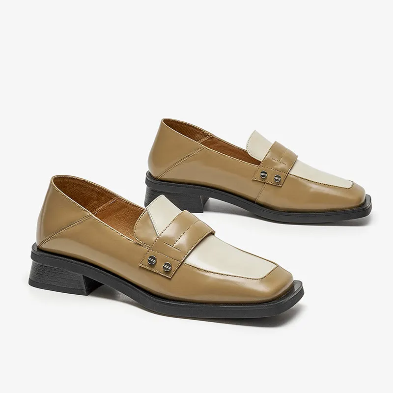 BeauToday Cow Leather Classic Patchwork Penny Loafers with Square Toe