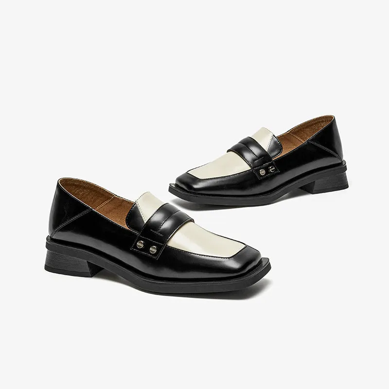 BeauToday Cow Leather Classic Patchwork Penny Loafers with Square Toe