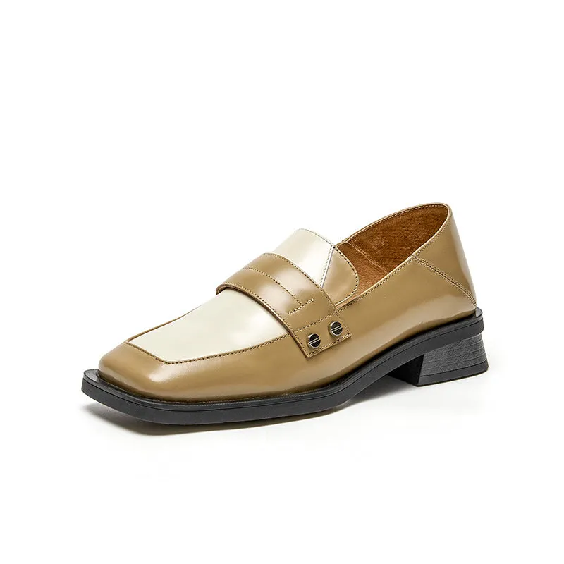 BeauToday Cow Leather Classic Patchwork Penny Loafers with Square Toe