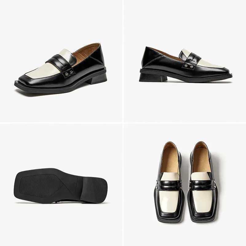 BeauToday Cow Leather Classic Patchwork Penny Loafers with Square Toe