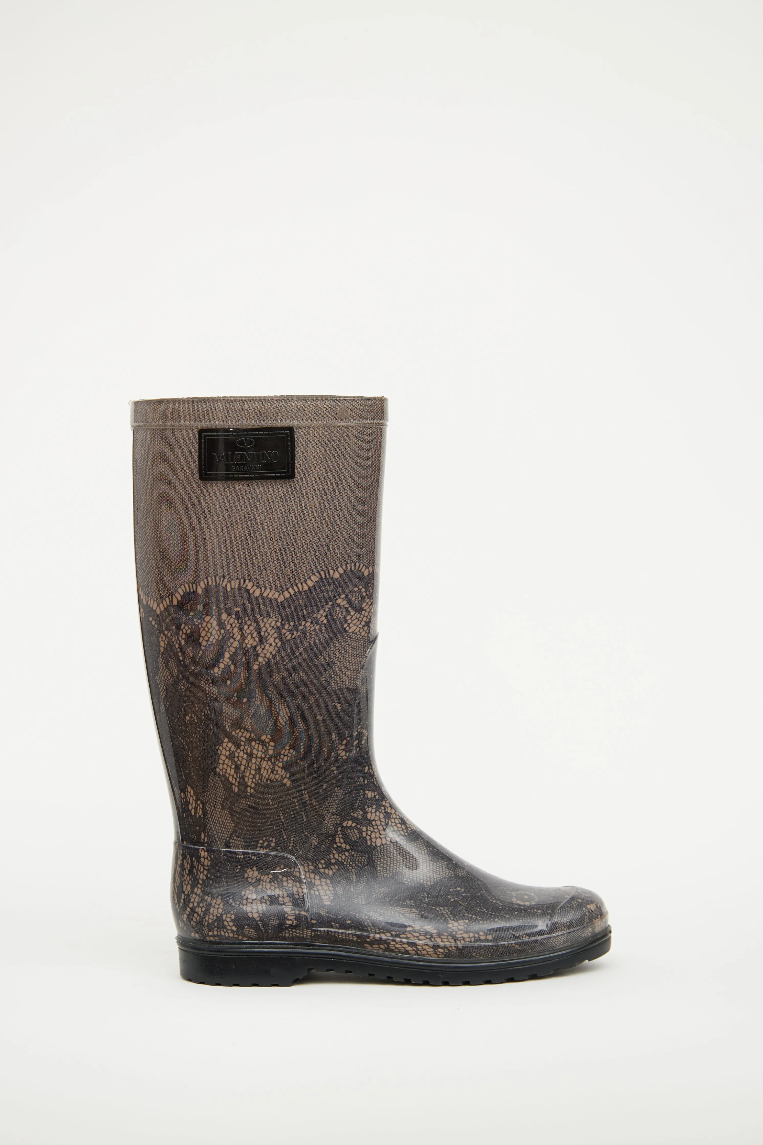 Black & Beige Lace Print Rain Boot
