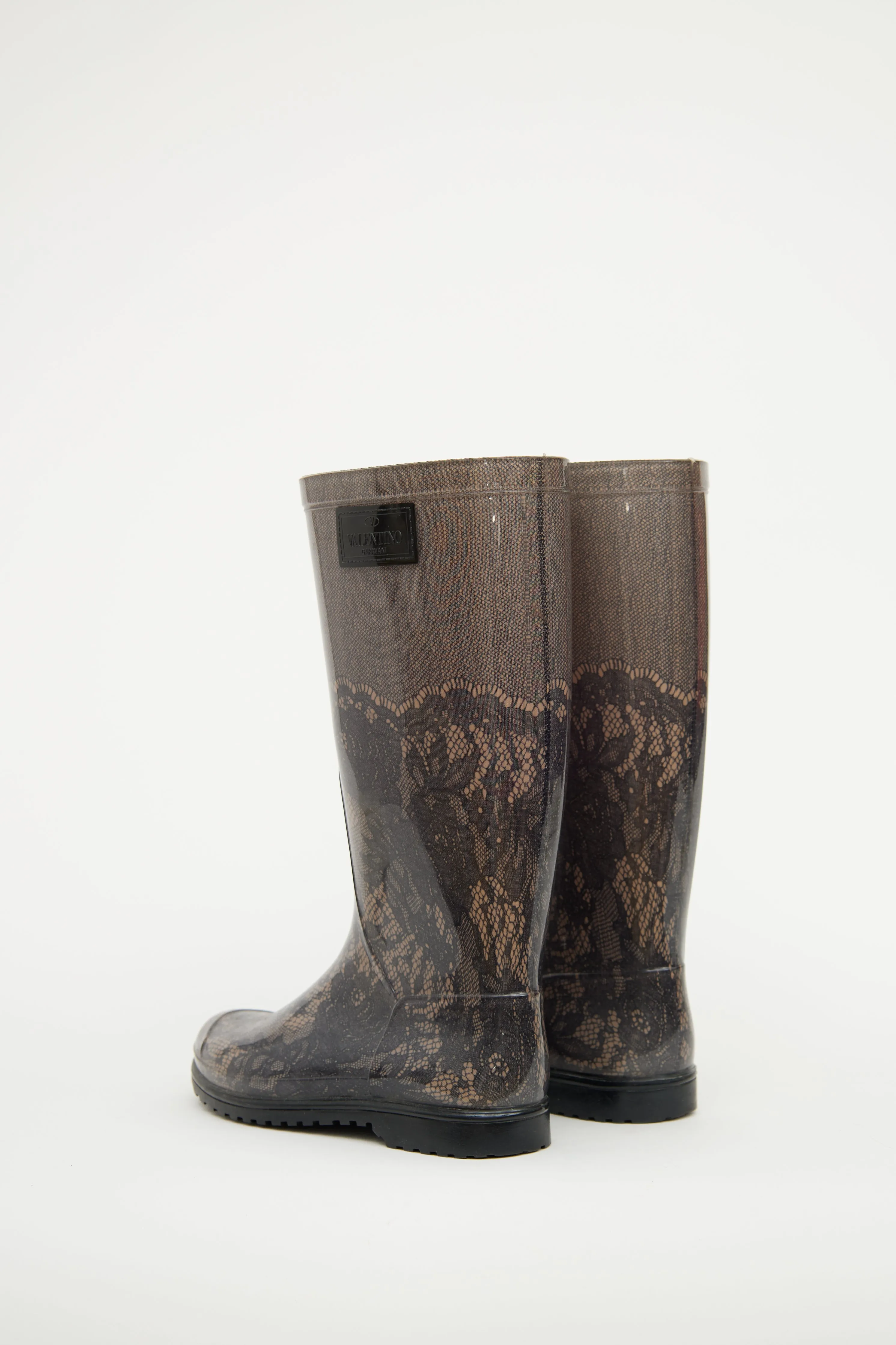 Black & Beige Lace Print Rain Boot