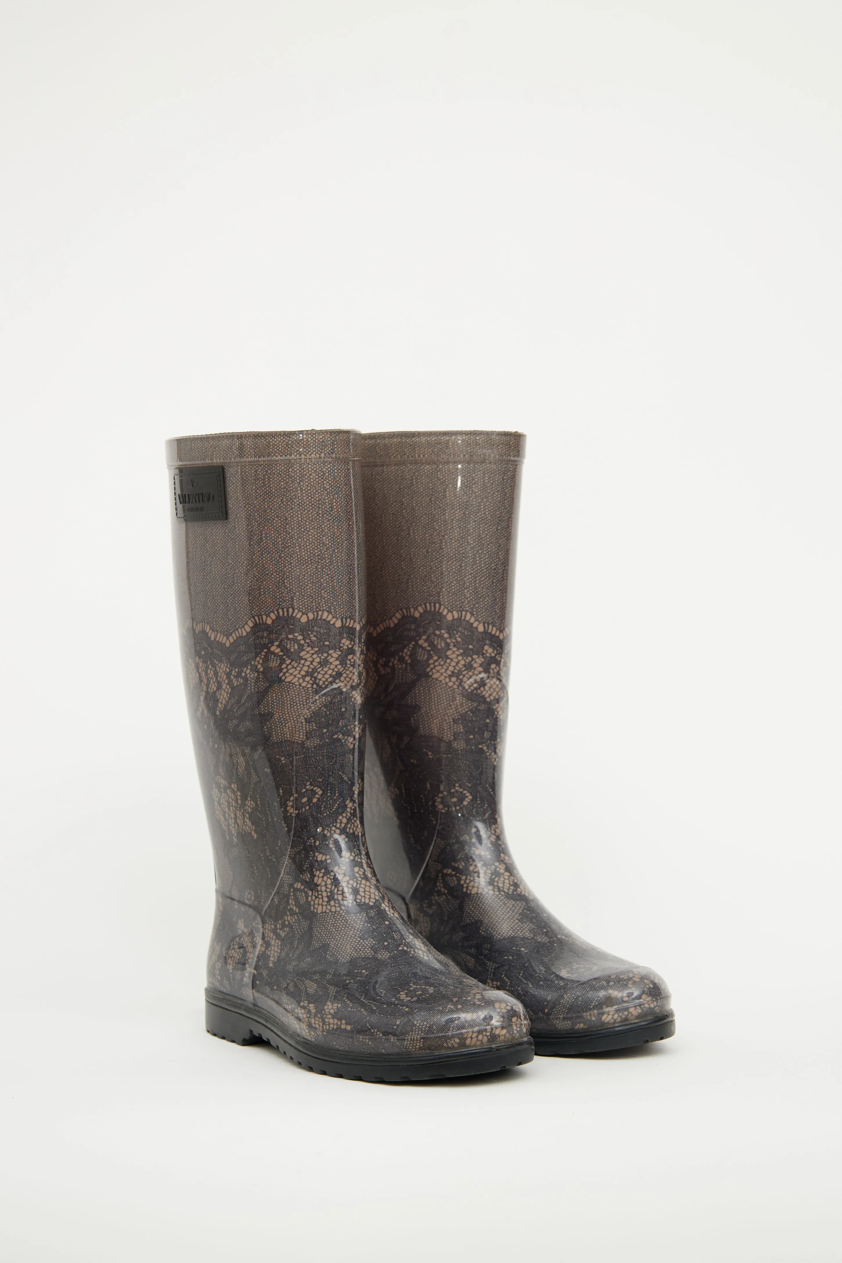 Black & Beige Lace Print Rain Boot