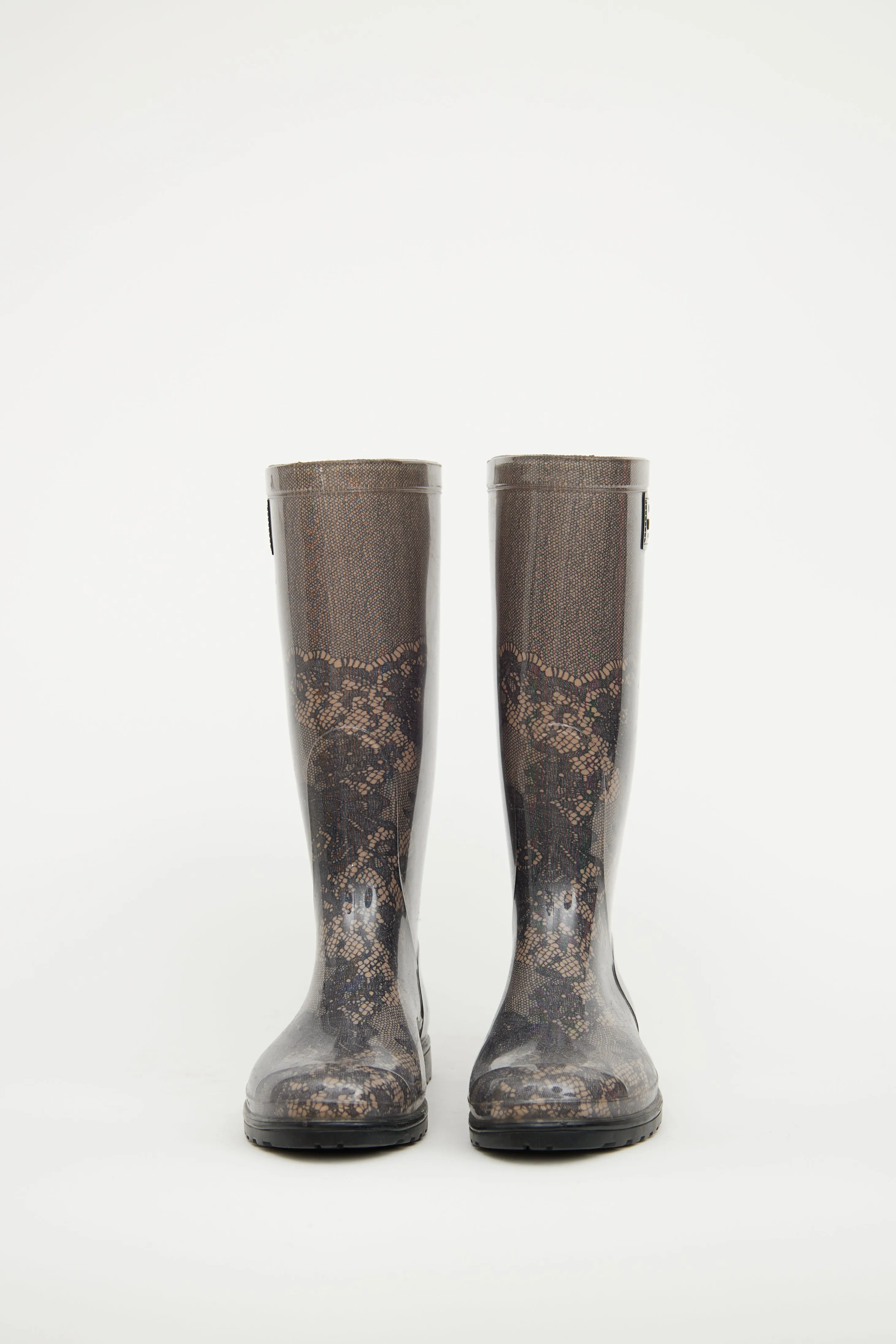 Black & Beige Lace Print Rain Boot
