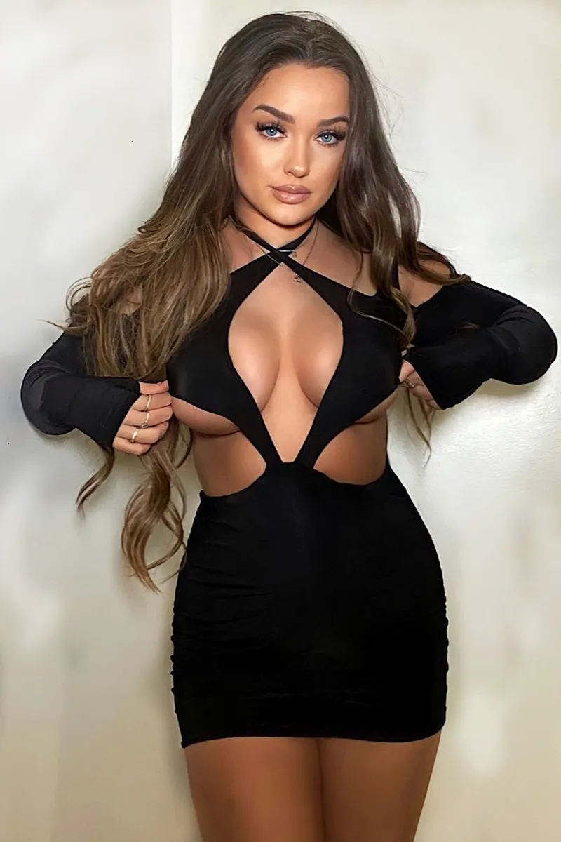 Black Halter Neck Cut Out Slinky Mini Dress - Lessie