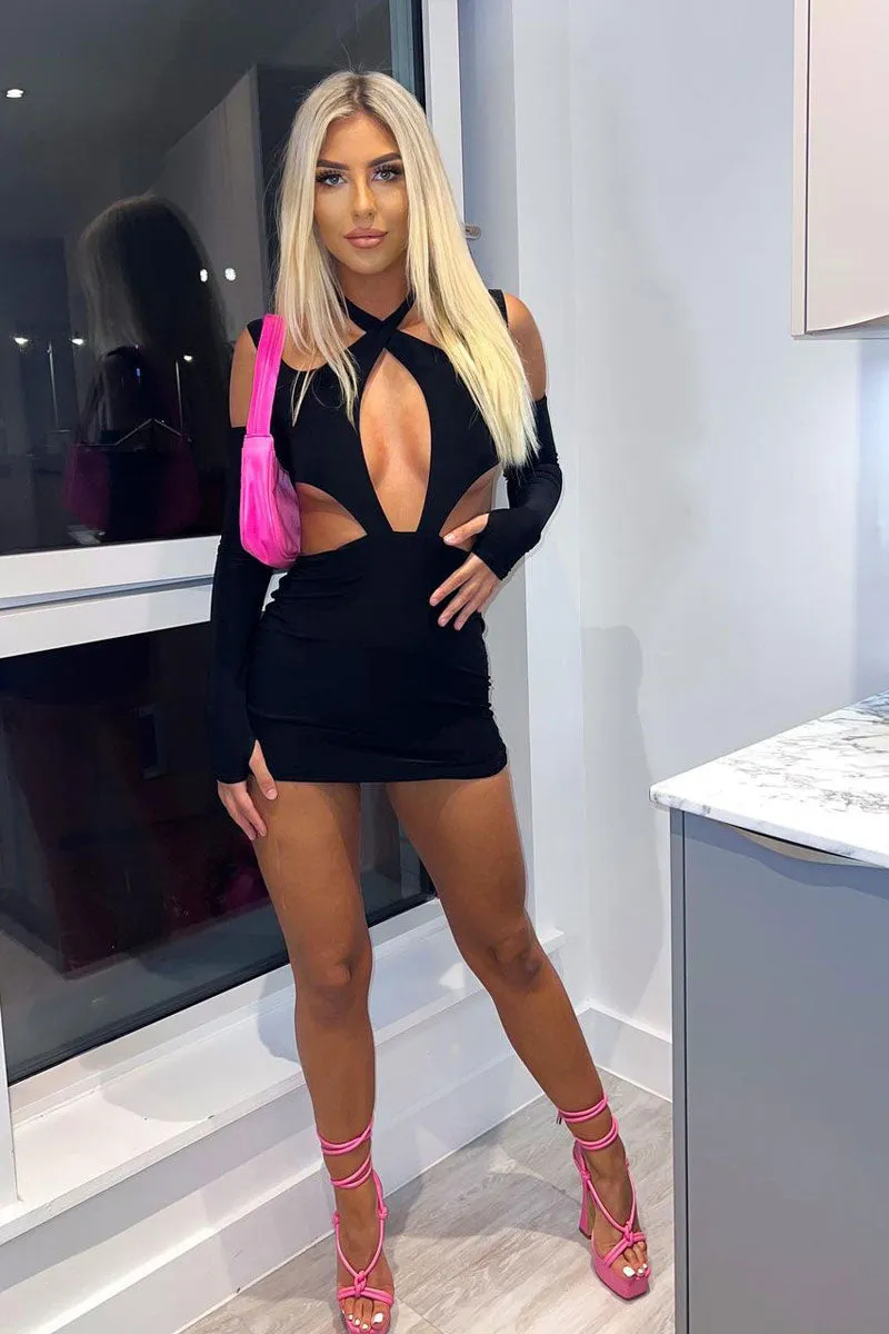Black Halter Neck Cut Out Slinky Mini Dress - Lessie