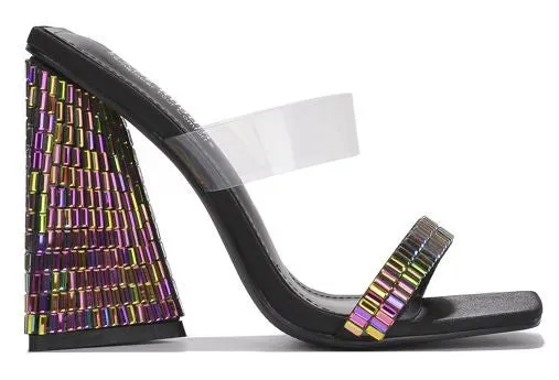 Black Womens Transparent Rhinestone Slide On Sandals
