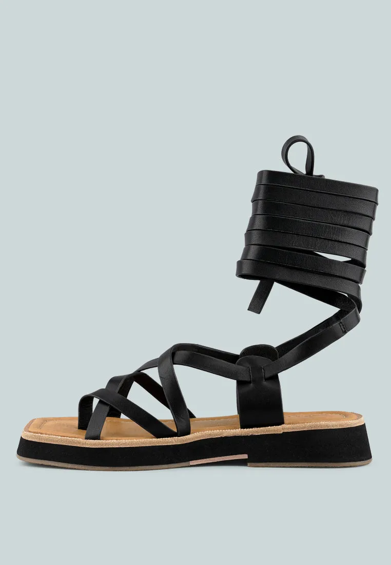 BLEDEL Black Lace Up Square Toe Gladiator Sandals