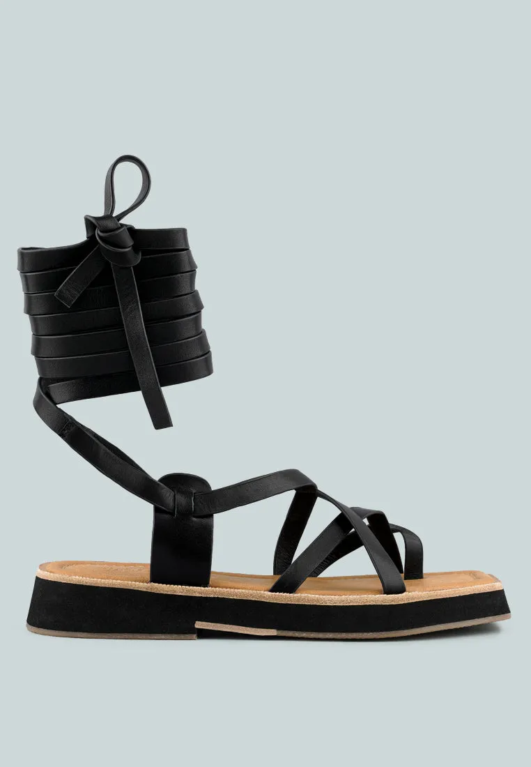 BLEDEL Black Lace Up Square Toe Gladiator Sandals