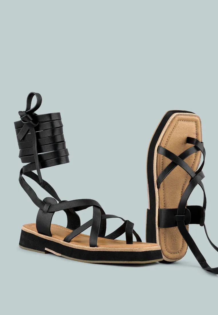 BLEDEL Black Lace Up Square Toe Gladiator Sandals