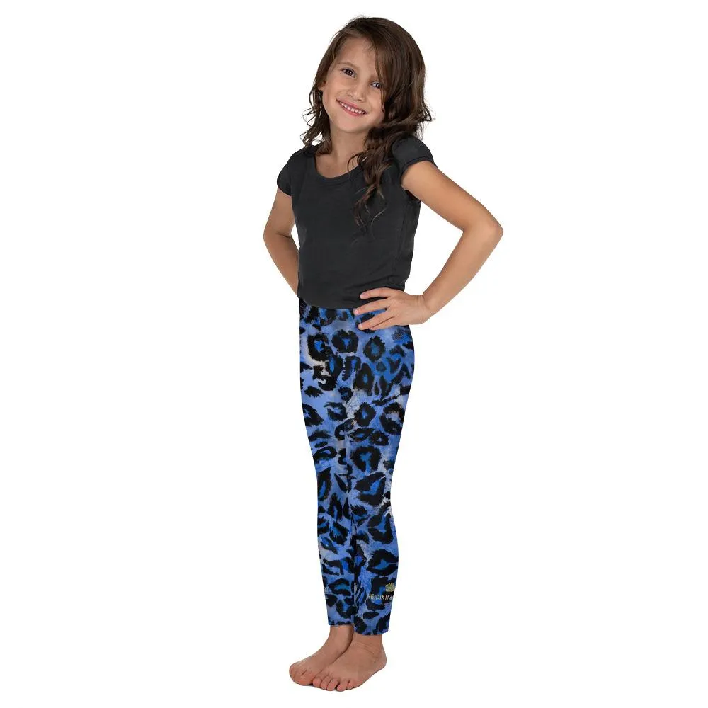 Blue Leopard Kid's Leggings, Best Blue Animal Print Premium Kid's Workout Stretchy Leggings- Made in USA/EU