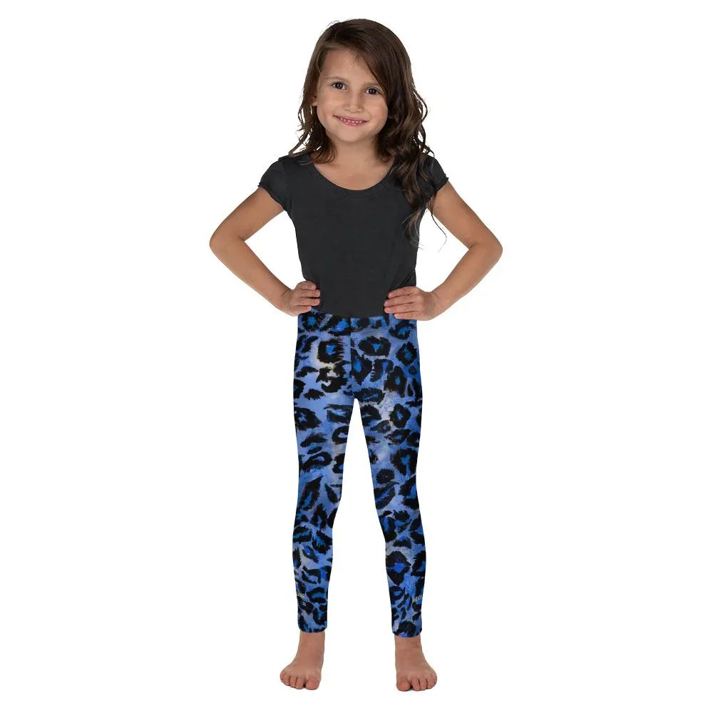 Blue Leopard Kid's Leggings, Best Blue Animal Print Premium Kid's Workout Stretchy Leggings- Made in USA/EU