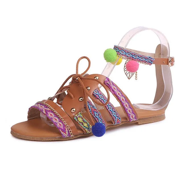 Boho Poms Gladiator Sandals