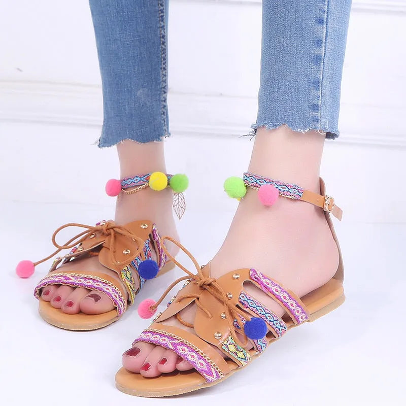 Boho Poms Gladiator Sandals