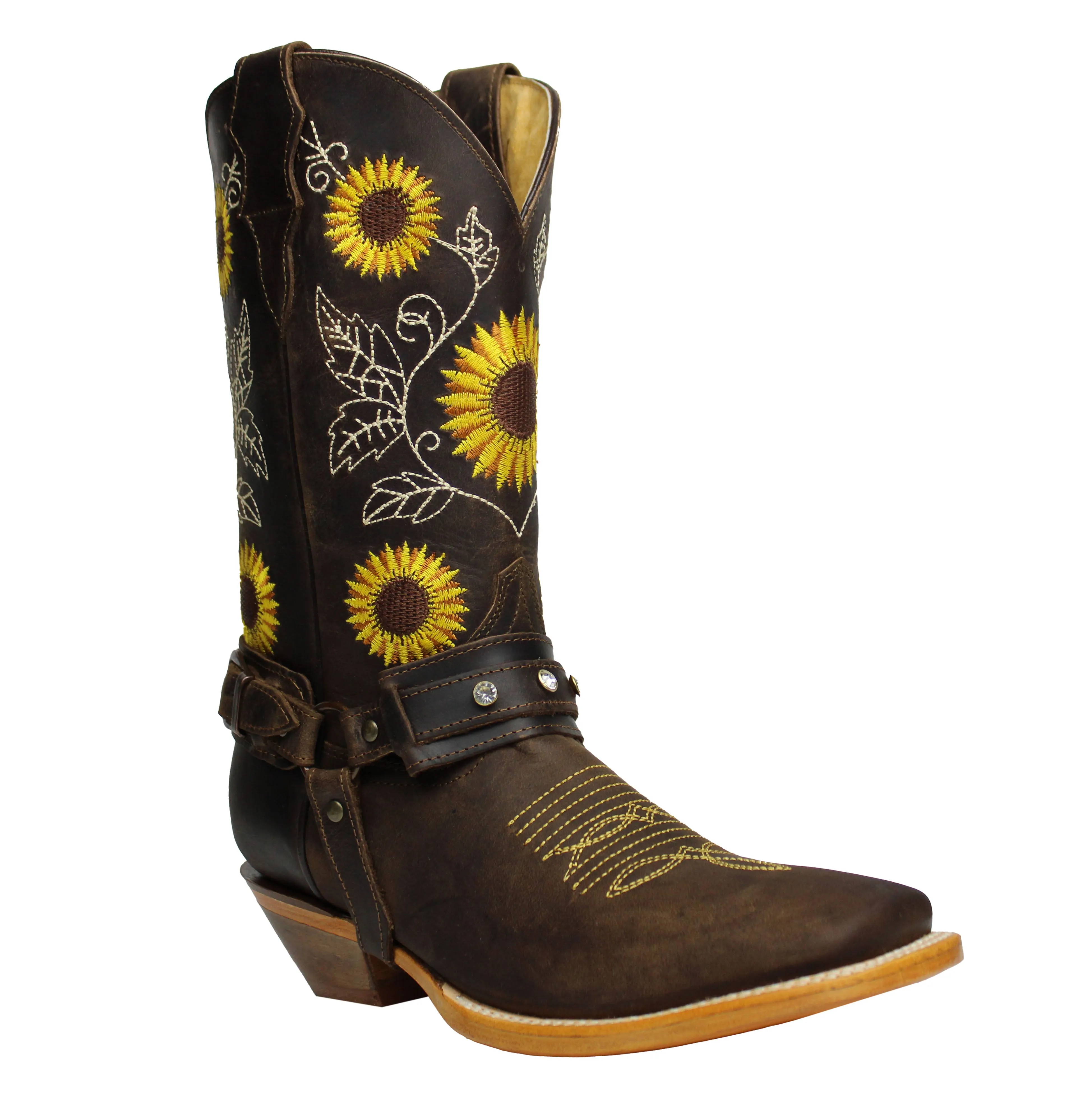 Brown Sunflower Genuine Leather Western Cowgirl Boots Square Toe Botas Vaqueras