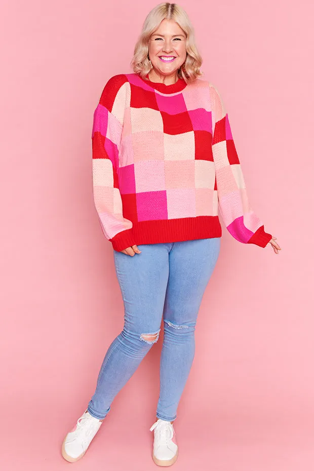 Check Mate Pink and Red Knit