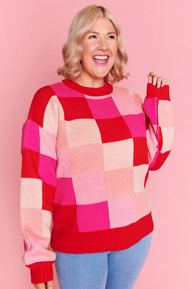Check Mate Pink and Red Knit