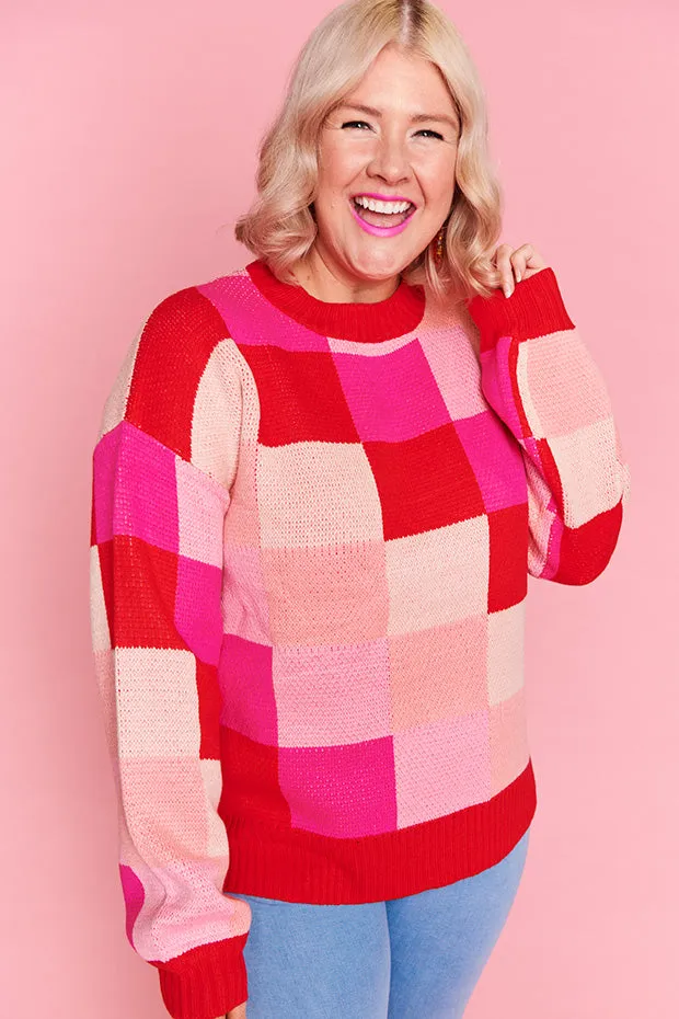 Check Mate Pink and Red Knit