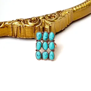 Copper Tone Western Nine Stone Stretchy Ring in Turquoise Blue