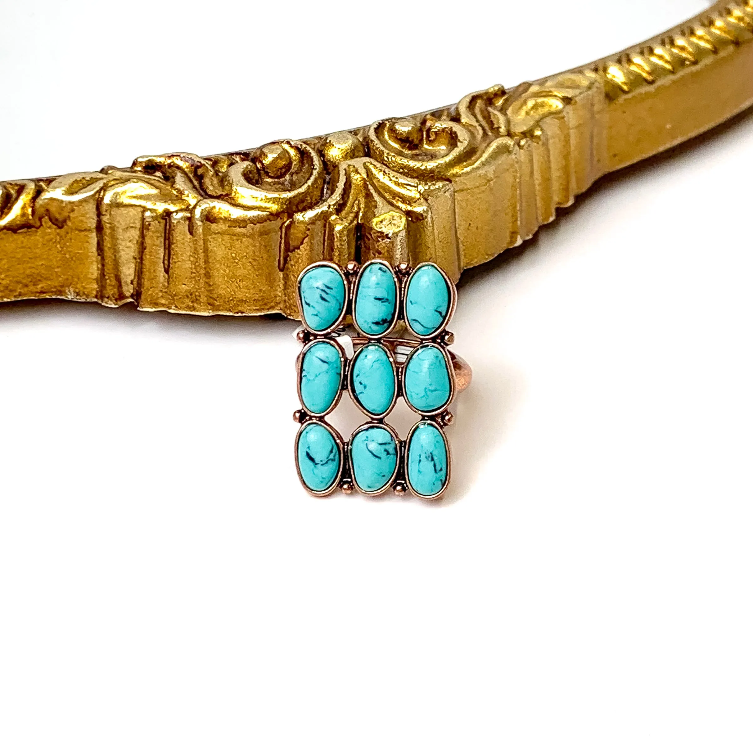 Copper Tone Western Nine Stone Stretchy Ring in Turquoise Blue