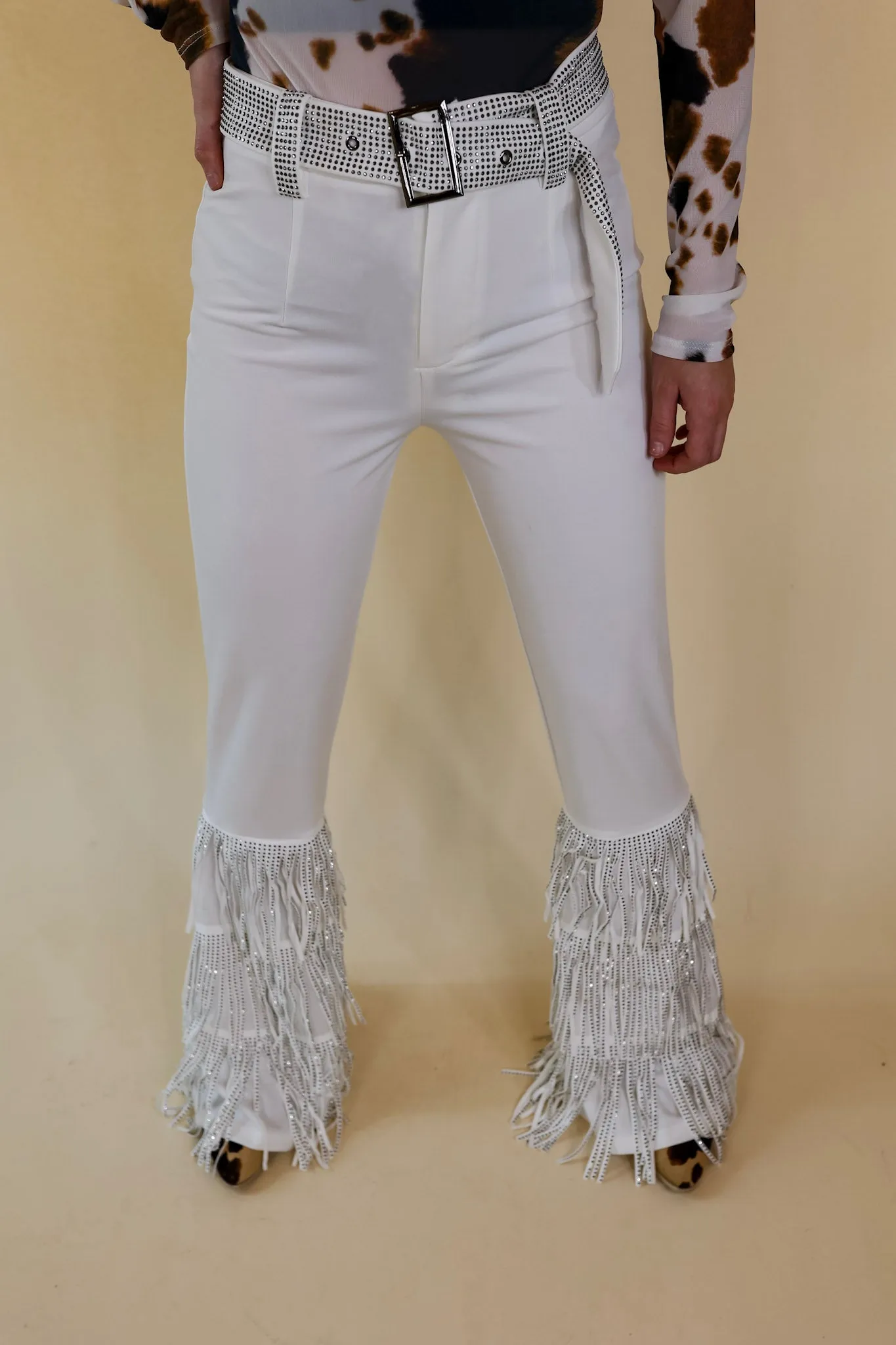 Cowboy Killer Crystal Fringe Bell Bottom Pants in White