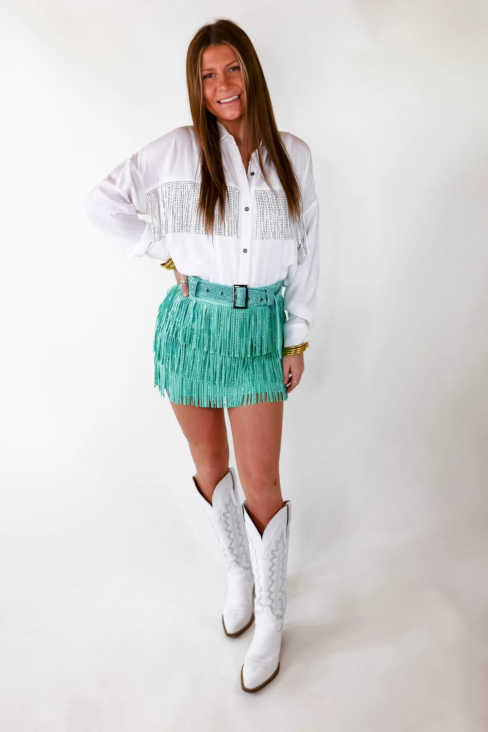 Cowboy Killer Crystal Fringe Mini Skort in Mint Green