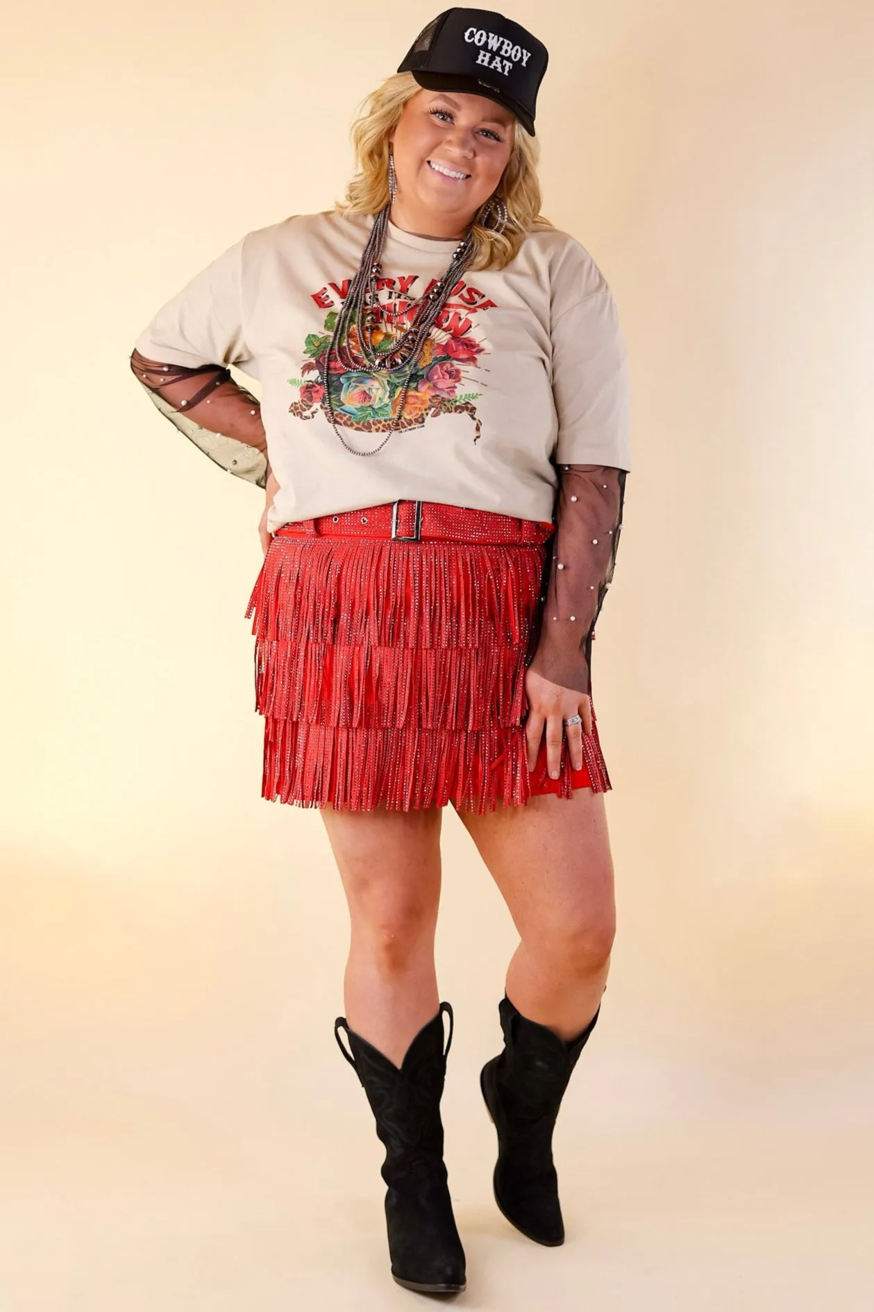 Cowboy Killer Crystal Fringe Mini Skort in Red