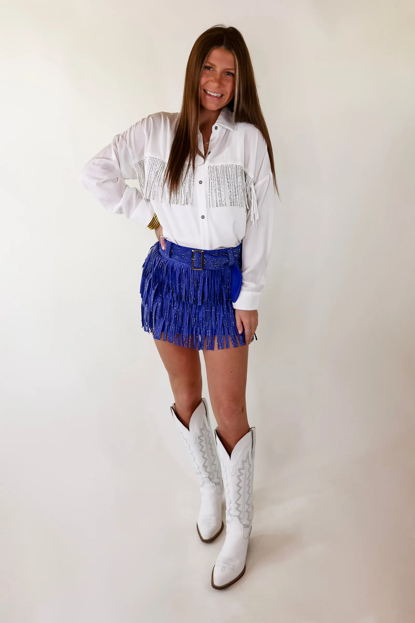 Cowboy Killer Crystal Fringe Mini Skort in Royal blue