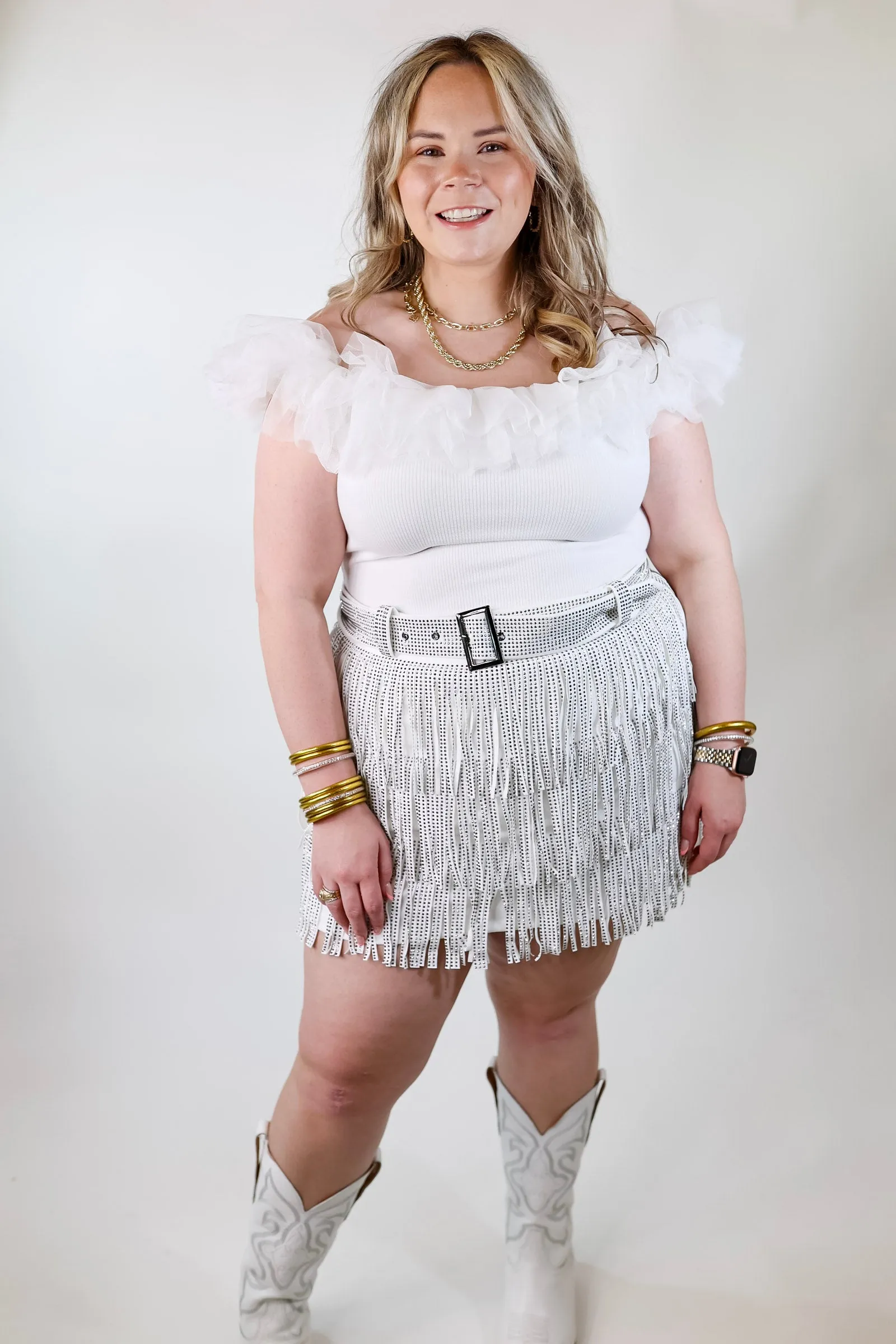 Cowboy Killer Crystal Fringe Mini Skort in White