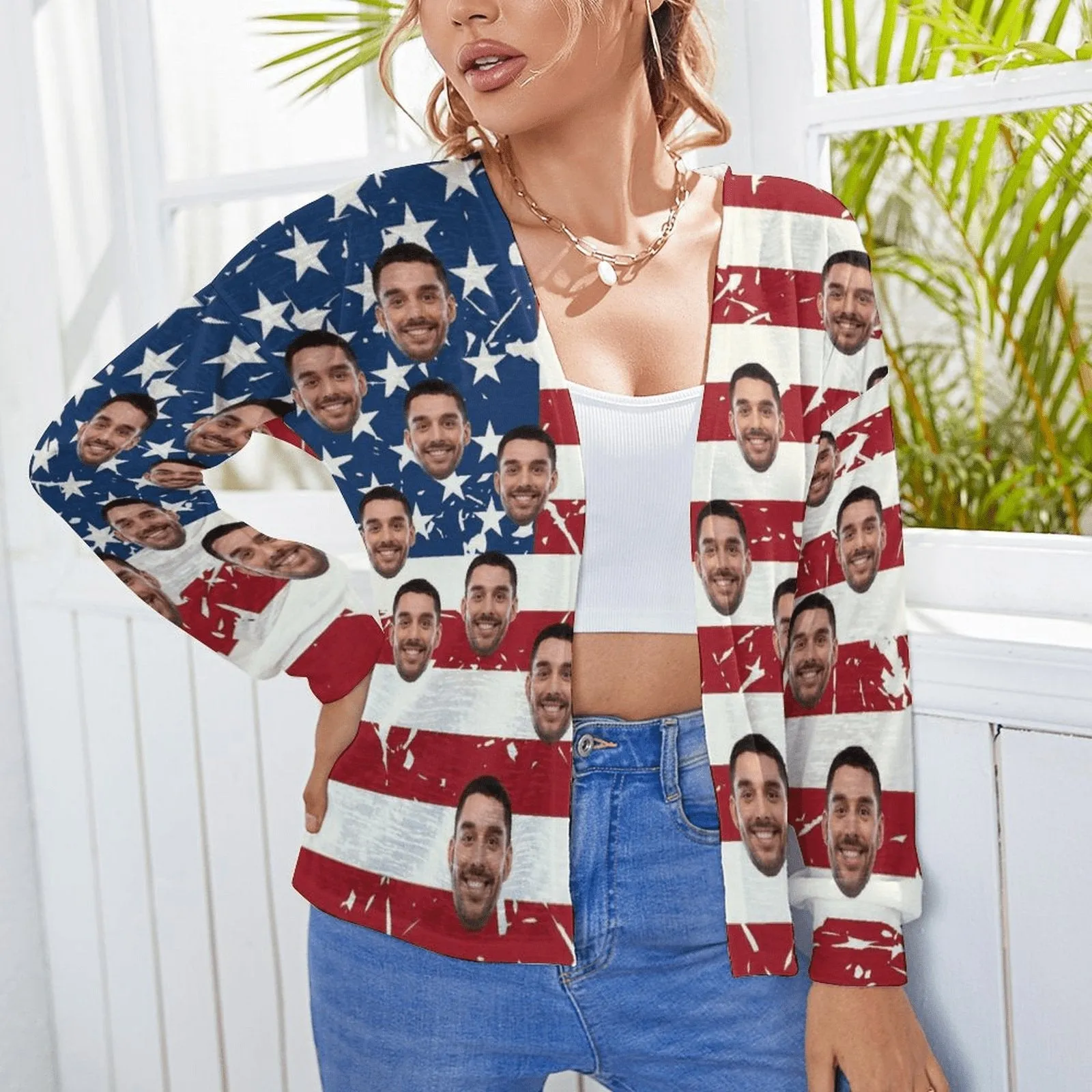 Custom Face Blouse Top Flag Stripes Women's Drop Shoulder Cardigan Loose Outwear