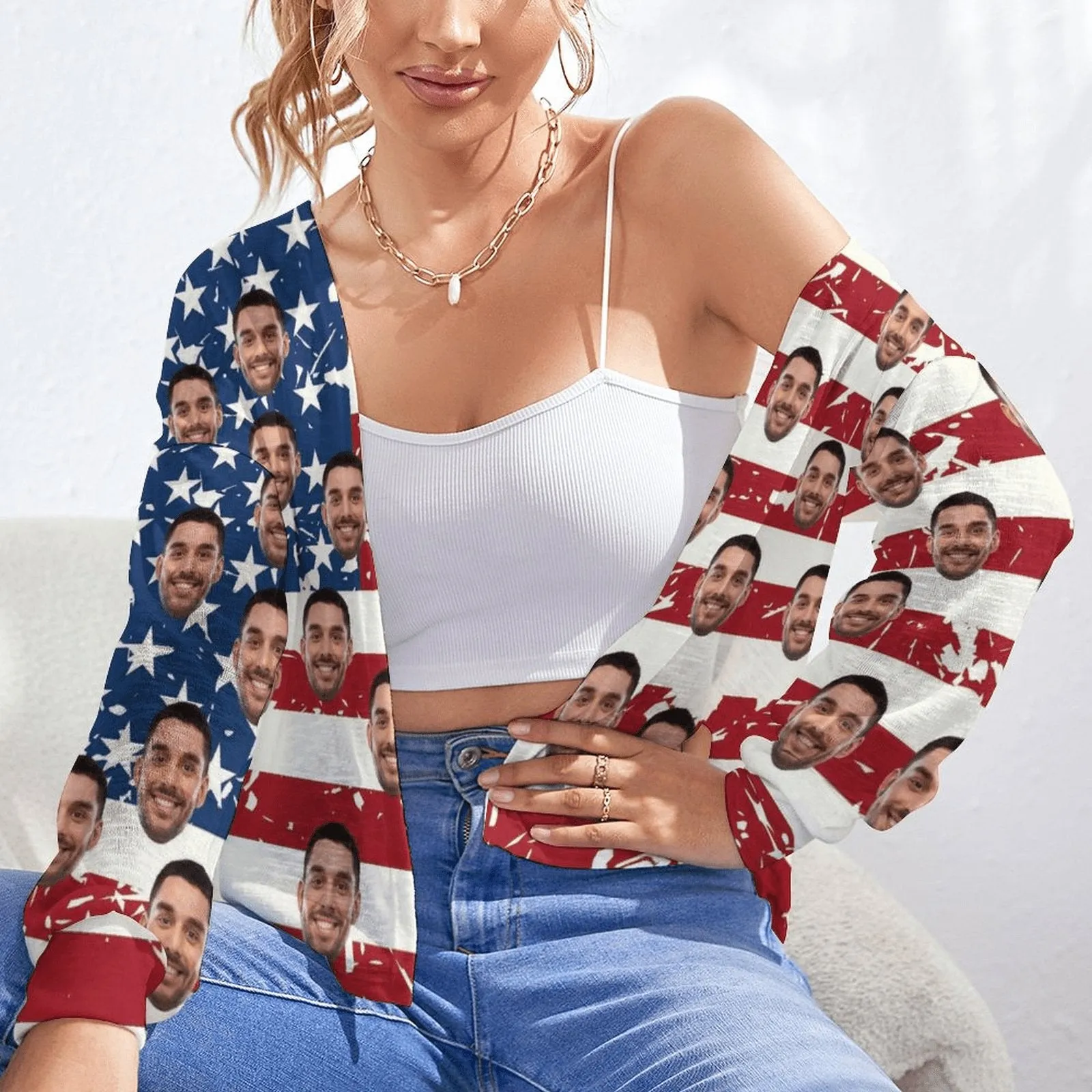 Custom Face Blouse Top Flag Stripes Women's Drop Shoulder Cardigan Loose Outwear