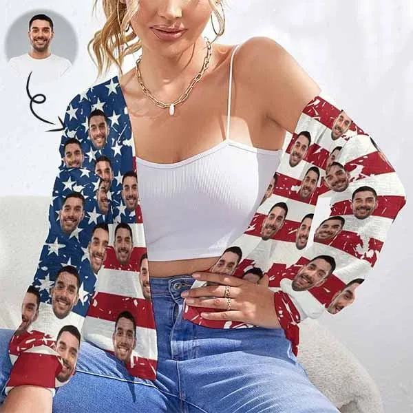 Custom Face Blouse Top Flag Stripes Women's Drop Shoulder Cardigan Loose Outwear